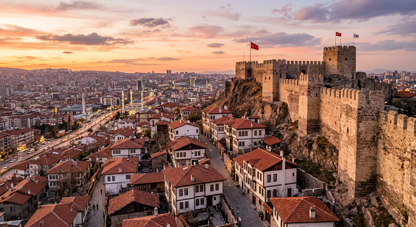 Ankara Kalesi’nin taş surları ve çevresindeki eski evler