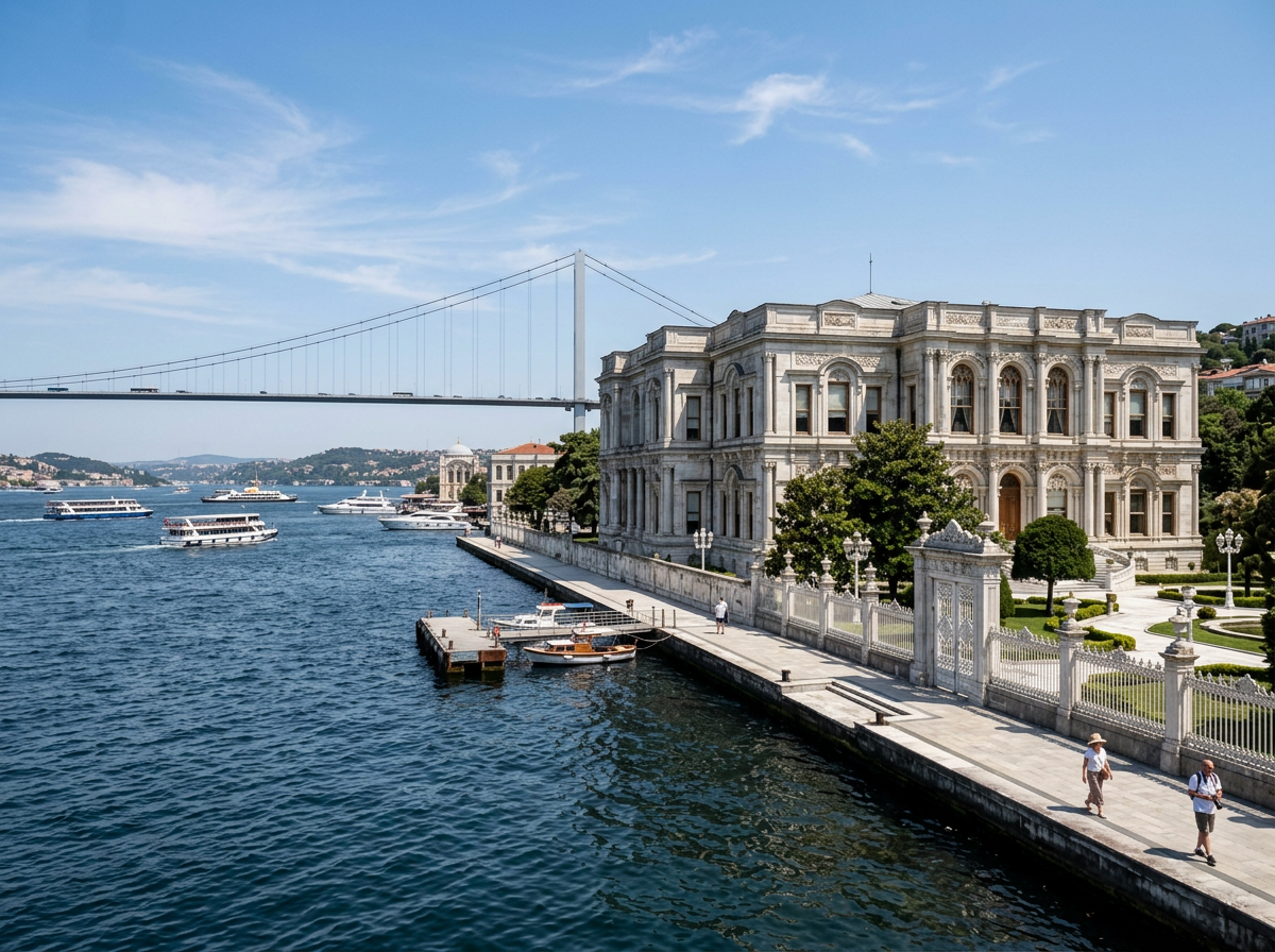 Boğaz kıyısında beyaz Beylerbeyi Sarayı