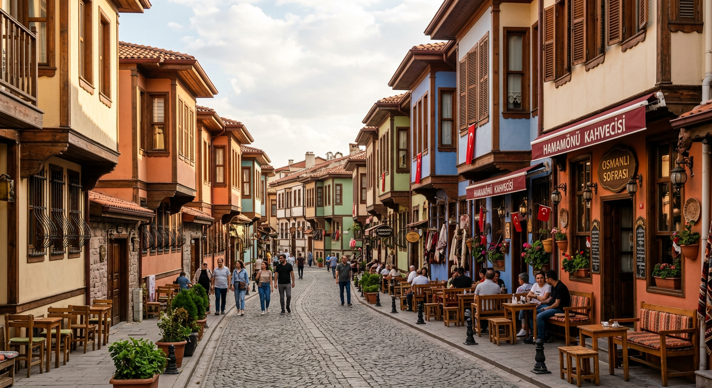 Hamamönü’nde renkli ahşap evler ve taş sokak